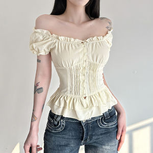 Chemisier plissé à manches bouffantes de style français pour femme avec boutons sur le devant et bordure à volants, haut d'été doux à manches courtes - Product Image 2