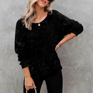 Pull en tricot surdimensionné pour femme, 100% coton, manches longues, col rond, épaules tombantes, couleur unie, pull décontracté d'automne, broderie noire - Product Image 1