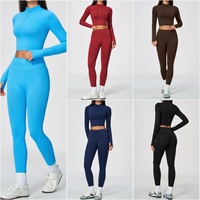 Ensemble de sport pour femme : Haut court côtelé, veste de course ajustée, leggings de yoga sans couture à taille haute élastique, tenue de fitness douce