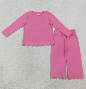 Vêtements de nuit pour petites filles, couleur unie, bordure festonnée, haut à manches longues, pantalon à jambes larges, tenue de pyjama décontractée pour la maison - Product Image 3