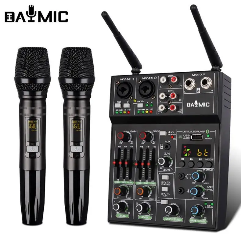 Professional 2 channels UHF Wireless microphone with Mixer mini 4 Channel Karaoke audio Mixer system for Live recording