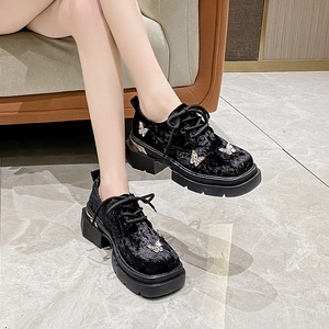 British Style Thick Rhinestone Toe Thick Heel for Women Spring Preppy Medium Heel Flats Small Leather Shoes - Product Image 3