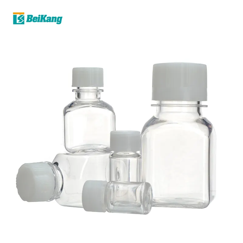 Botol persegi reagen plastik medium serum budaya sel 125ml-1000ml PET transparan