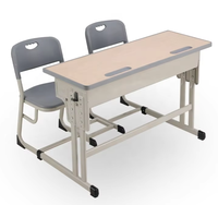 Ensemble de bureau et chaise scolaire double réglable, table d'étude 2 places avec plateau en bois et rangement, mobilier de classe moderne