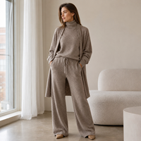 Conjunto de 3 piezas de cachemir para mujer: cárdigan largo, suéter de cuello alto y pantalones de pierna ancha, conjunto de punto para estar en casa, venta al por mayor