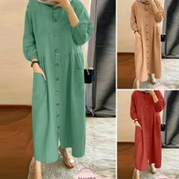 Robe musulmane décontractée pour femme, style rétro, col rond, manches longues, en polyester gaufré, coupe ample, vêtement islamique marocain, vente en gros
