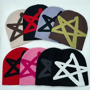 Atacado Design Estrela Padrão De Malha Chapéu Gorros Fábrica Custom Hot Sale All Over Logo Chapéu Do Inverno