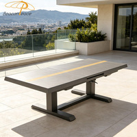 Mesa de Comedor Extensible Rectangular Moderna con Tapa de Vidrio y Estructura Metálica con Acabado en Polvo, Hidráulica, para Exteriores
