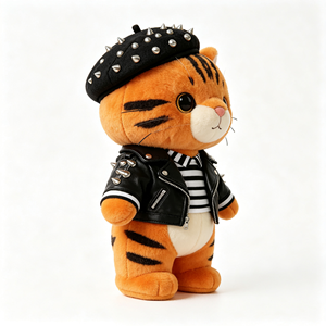 Peluche de Gato Naranja Estilo <span class=keywords><strong>Rock</strong></span> con Chaqueta de Cuero PU y Boina con Remaches, Juguete de Peluche de Gato Adorable - Product Image 5