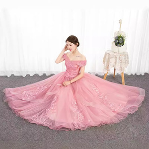Off The Shoulder Pink Tulle Ball Gown For Women Stage Performance Dress With Floral Embroidery Long Evening Gown - Product Image 3