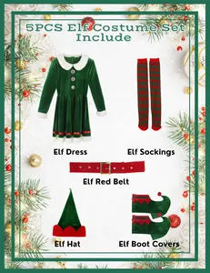 Women's Christmas Elf Costume Green Adult Polyester Elf Suit With Accessories For Xmas Look Cosplay Party