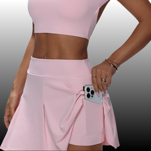 Set Yoga Wanita Model Slim Fit Tanpa Punggung Lengan Pendek dengan Rok Tenis A-Line Anti Tembus Pandang dan Kantong, Pakaian Olahraga Tenis Golf Fitness - Product Image 3