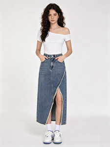 Jupe midi en <span class=keywords><strong>jean</strong></span> vintage fendue sur le devant pour femme, taille haute, élégante, coupe trapèze, longue, style chic français, été 2026 - Product Image 2