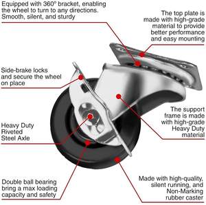 Roues de chariot légères de 1 pouce 2 pouces petites roulettes en caoutchouc solide de tige filetée de 5/8 roues de chariot avec le frein latéral - Product Image 3