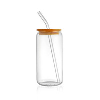 Grand Gobelet en Verre Grande Capacité avec Couvercle en Bambou et Paille – Tasse Transparente en Forme de Canette pour Boissons Quotidiennes à Domicile
