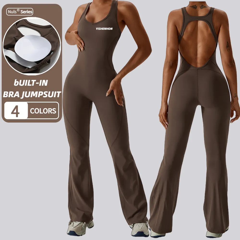 Yishenhon Yoga Bodysuit Voor Dames Met Losse Poot Een Stuk Buikcontrole Jumpsuit Met Ruggat Rompertjes Sporttrainingspakken