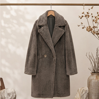 Manteau Teddy en Pure Laine Mi-long pour Femme Automne Hiver, Gris, Col Revers Oversize, Minimaliste, Décontracté, Blazer Long en Laine