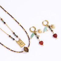 Collier pendentif carré en acier inoxydable vintage, cœur sacré, ensemble de bijoux avec boucles d'oreilles en œil de tigre naturel et perles d'eau douce pour femmes