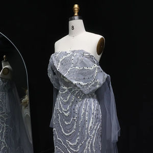 Vestido de Festa Luxuoso Cinza Jancember LSZ078 Sem Alças com Apliques de Lantejoulas e Capa - Product Image 4