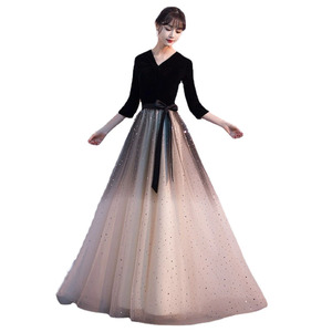 Adult Evening Gown Long <b>Dress</b> V-Neck <b>A</b>-<b>Line</b> Gradient Color Starry Tulle Wrap Tie Formal Party Performance Costume - Product Image 5