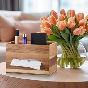 Caja de pañuelos de madera de acacia, organizador de doble capa, almacenamiento de escritorio, diseño moderno - Product Image 1