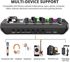 Interfaz de Audio con Mezclador de DJ, Tarjeta de Sonido Portátil TODO EN UNO, Estudio de Producción de Podcasts con Micrófono de 3.5mm - Product Image 3
