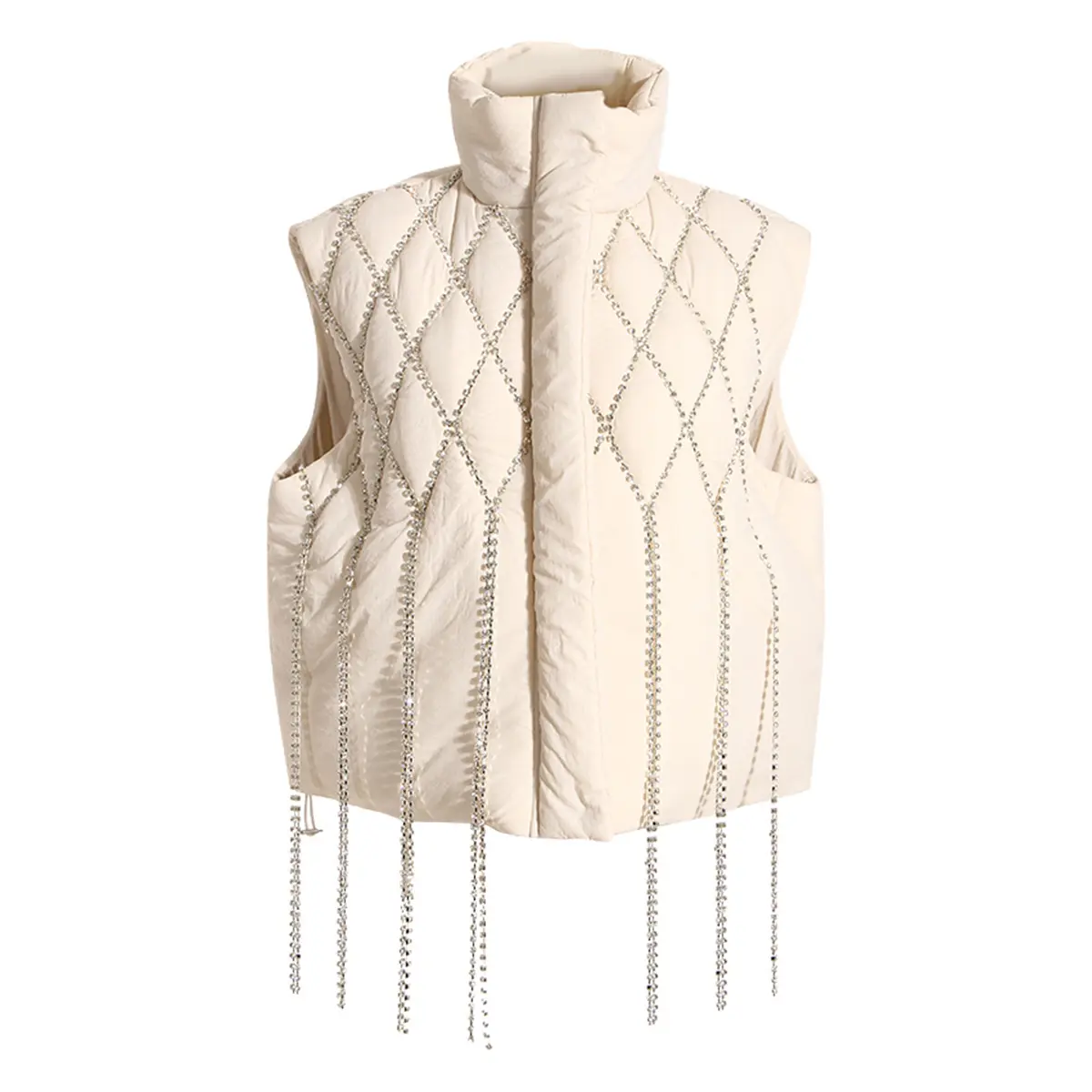 Quilted veste jacket diamond chain decoration ladies crop puffer vest rhinestone fringe women winter sleeveless coat