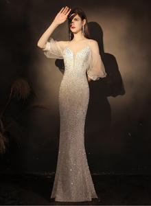 ชุดเดรสคอวีเซ็กซี่เปิดไหล่สำหรับผู้หญิง,ชุดเดรสงานเลี้ยงผ้าโปร่งแขนยาวปักเลื่อมยาว2022 - Product Image 5