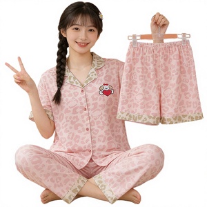 Conjunto de Pijama de Tres Piezas para Mujer, Estilo Coreano, Estampado de Dibujos Animados, Manga Corta, Cintura Elástica, Transpirable, de Secado Rápido y Suave, para Primavera/Verano - Product Image 2