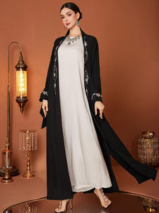 Abaya Negra en Oferta con Bordado de Cristales, Túnica Musulmana Abierta por Delante, Caftán Islámico de Dubái para Eventos Formales - Product Image 3