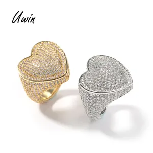 Nhẫn Hip Hop Iced Out Nhẫn Chữ Cái Hình Trái Tim Bằng Vàng 18K Nhẫn Lớn Zirconia Mạ Vàng Cho Nam Trang Sức Rapper Lấp Lánh