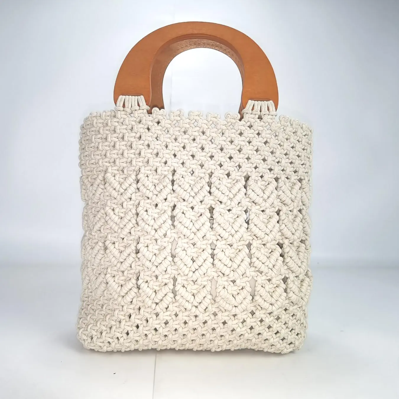 Nuova borsa da spiaggia turistica borsa da donna in legno intrecciata borsa in corda di cotone