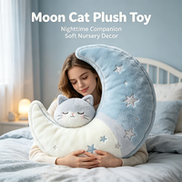 Coussin en peluche doux et confortable en forme de lune pour la chambre des enfants, coin lecture et cadeau réconfortant, oreiller croissant avec broderie chat endormi et étoile