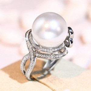 T0568 Women's Cocktail <b>Ring</b> Freshwater <b>Pearl</b> Bowknot Pave Setting Round Brilliant Cut Wedding Fine Jewelry - Product Image 5