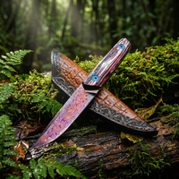 Couteau à lame fixe d'extérieur en acier Damas, couteau de camping et de chasse, couteau de poche, manche en bois, couteau à fruits portable pour la maison, étui en cuir DM046