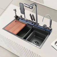 Nouvelle Évier de Cuisine Intelligent à Cuve Unique en Acier Inoxydable Noir, Design Moderne, Revêtement Nano, Robinet Cascade Multifonction Numérique