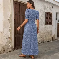 Robe longue unie élégante pour femme, coupe ajustée, col carré, manches bouffantes, tissu léger, toutes saisons, vente en gros