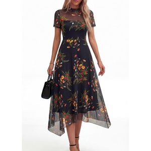 Robe de cocktail FOXA pour femme, été, manches courtes, maille florale transparente, mi-longue, coupe trapèze, col montant, en mousseline, élégante pour soirée et mariage - Product Image 3