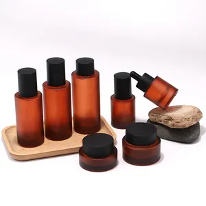 Sang trọng mờ hổ phách phẳng Vai xi lanh dày dưới Kem mực Lotion bơm chai thủy tinh container 30 50 100 120 150 gam ml