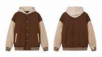 Blouson universitaire unisexe en mélange de laine marron, coupe-vent écologique, à capuche, col montant, avec broderie écusson lettre M en chenille et étoiles sur le devant