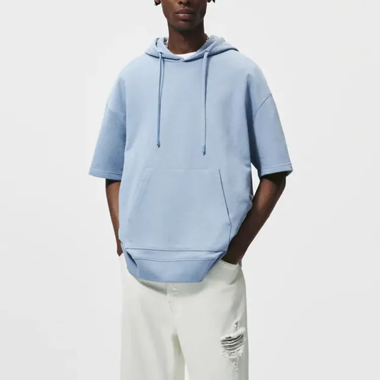 Decheng – sweat-shirt à capuche personnalisé en éponge française, vente en gros, manches courtes, bleu ciel, été