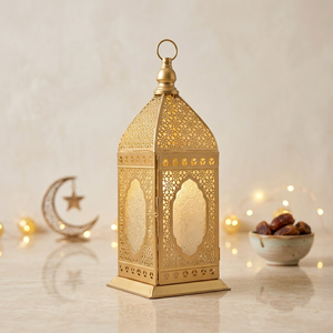 Wholesale <b>Gold</b> Metal Candle Holder Moroccan <b>Lantern</b> with Floral Glass for Ramadan Home Decoration - Product Image 1