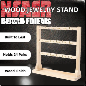 Support à bijoux en bois massif poli à 4 niveaux avec 24 crochets et porte-cartes pour boucles d'oreilles, présentoir - Product Image 2