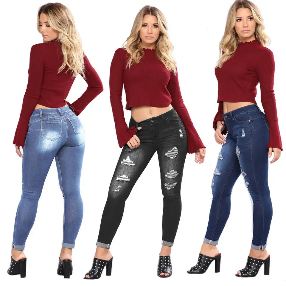 Jeans da donna taglie forti pantaloni Jeans Slim strappati di alta qualità per donna Jeans a vita alta tinta unita moda donna Denim