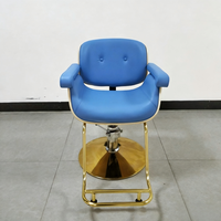 Chaise de coiffure en PU bleu, mobilier de salon, structure en bois, base dorée, chaise de barbier hydraulique pour salon de coiffure