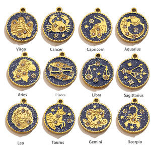 Nuevos Colgantes Geométricos Redondos de Moda en Oro de 18k, Dijes de Acero Inoxidable con Esmalte por Goteo DIY de los 12 Signos del Zodíaco para Collar y Pulsera - Product Image 4