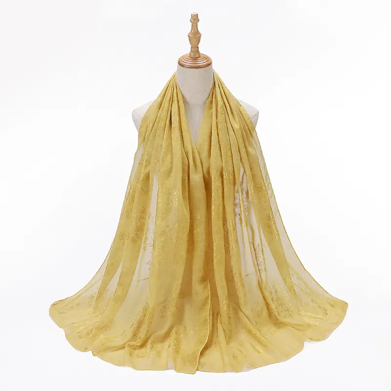 Nieuwe Ontwerp Gouden Bloem Gedrukt Katoenen Sjaal Maleisië Viscose Moslim Sjaal Vrouwen Gold Shimmer Hijab