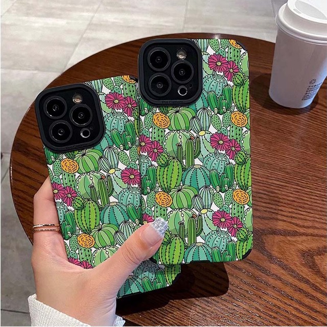 Cute Cartoon Cactus Printing Soft TPU Artificial Leather Mobile Phone Cover Case for Iphone Xs 11 12 13 14 15 16 17 18 Pro Max