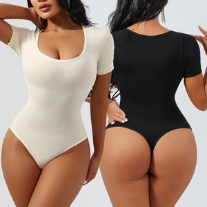 Vente flash : Combinaison sans couture en nylon pour <span class=keywords><strong>femme</strong></span>, haut à manches courtes, col rond, t-shirt <span class=keywords><strong>amincissant</strong></span>, respirant, léger - Product Image 3
