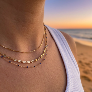 Womens Stainless Steel 3-Tier Mini Black Enamel Bead <b>Rope</b> <b>Chain</b> 14K Gold Plated 18inches Wedding Necklace - Product Image 1